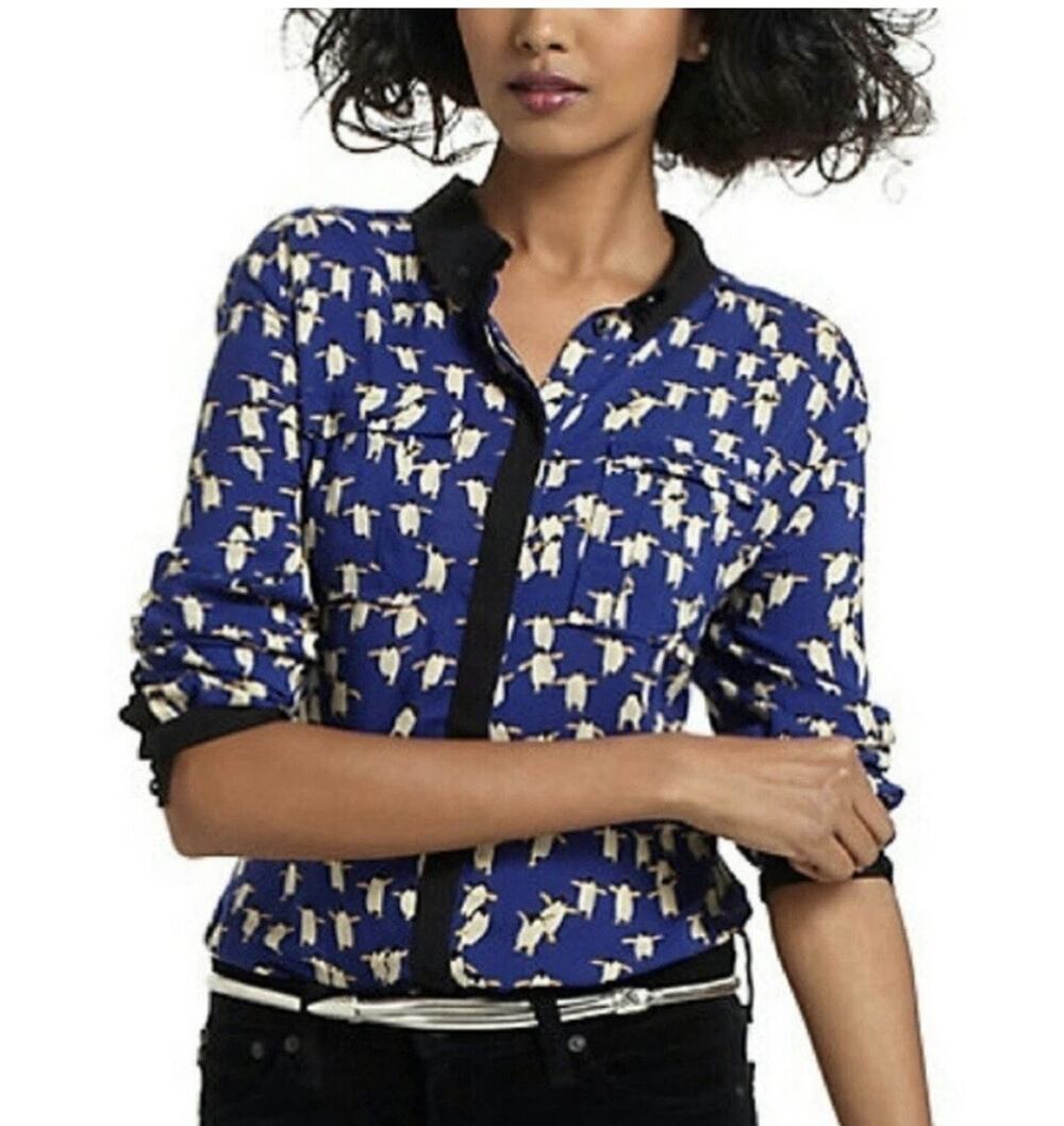 Maeve Blouse Womens Size 12 Blue Penguins Anthropologie Long Sleeve Button Down